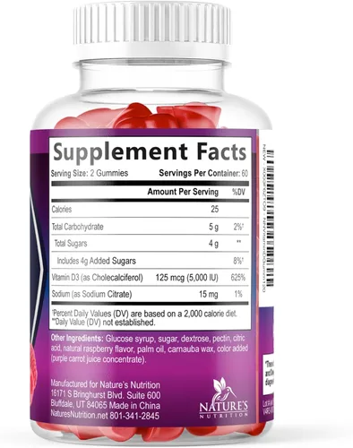 Miniatura 9 de Gomitas de suplemento de vitamina D – Vitamina D3 125 mcg 5000 UI por porción – hueso, dientes, músculo e inmunidad apoyo para la salud para hombres