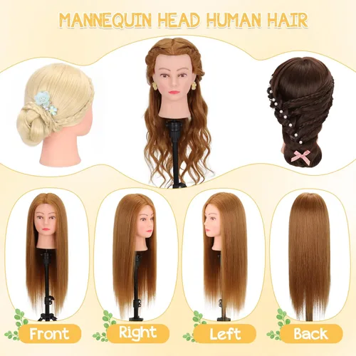 Miniatura 4 de Cabeza de maniquí con 80% de cabello humano de 26-28 pulgadas, cabeza de práctica de maniquí de cosmetología con cabello humano, cabeza de muñeca