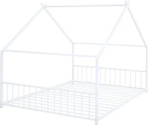 Miniatura 4 de Camas de casa para niños, marco de cama de suelo de tamaño matrimonial, camas Montessori de metal con cabecera y estribo para niños, niñas
