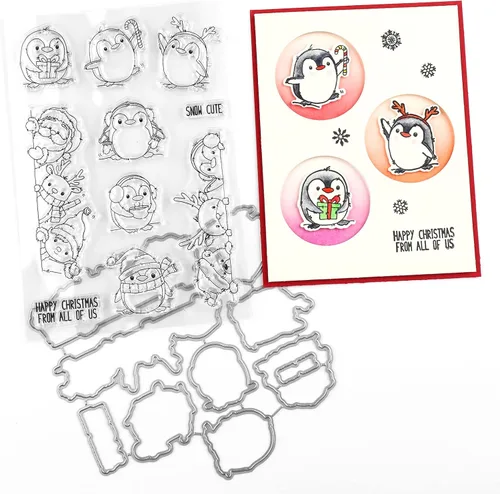 Briartw Lindos pingüinos Alegría Invierno Happy Friends Feliz Navidad Regalo de nieve Troquel de corte de metal y sello de goma transparente DIY