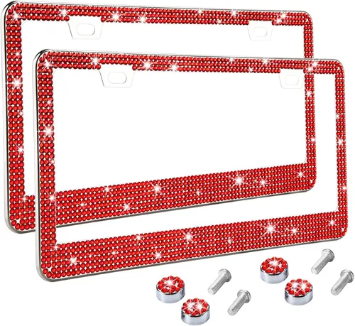 Miniatura 11 de Marco de matrícula con diamantes de imitación rojos brillantes para mujeres, cubiertas de matrícula de metal antioxidante de borde delgado
