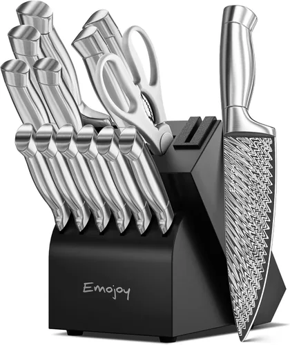 Juego de Cuchillos, Emojoy 15 Piezas Juego de Bloque de Cuchillos de Cocina con Afilador Integrado, Juego de Bloque de Cuchillos Afilados de Acero
