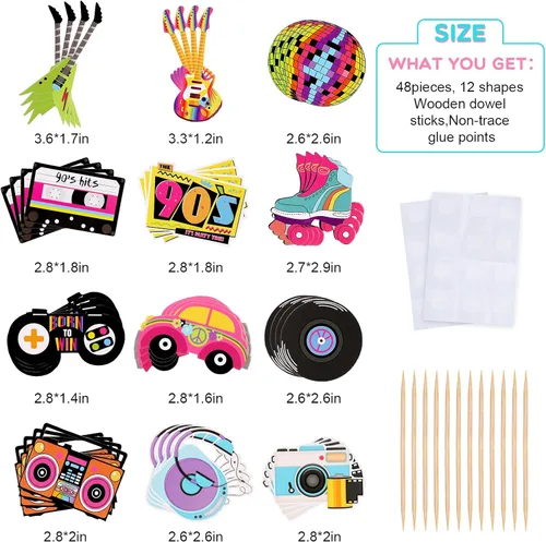 Miniatura 2 de Epakh 48 piezas de decoración para cupcakes de los años 90, decoración de fiesta temática de los años 90, hip hop, música, danza, retro, skate