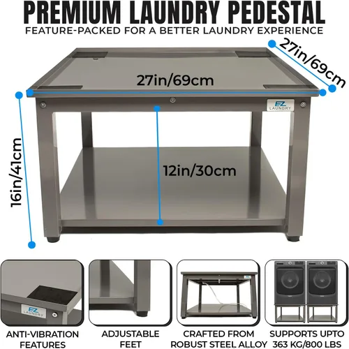 Miniatura 3 de Pedestal para lavadora y secadora, 27 pulgadas de ancho, 16 pulgadas de alto, acero gris, ajuste universal con las principales marcas, pedestal