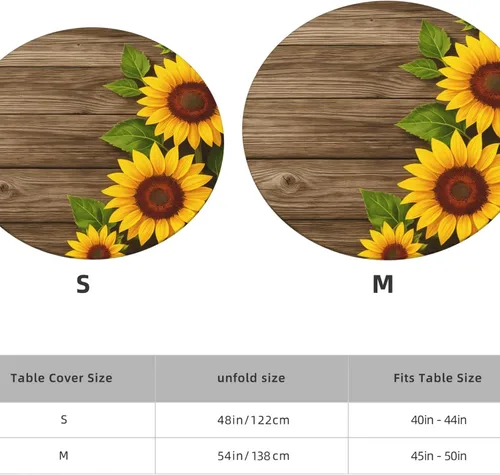 Miniatura 4 de Famame Mantel redondo ajustable con protector elástico, mantel de madera con diseño de girasol para cocina, cena, impermeable, a prueba de aceite