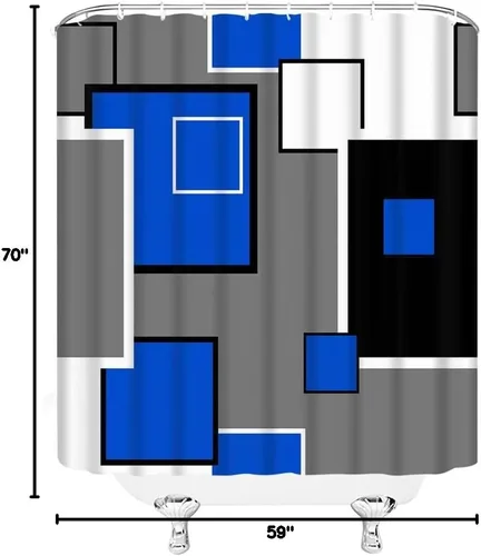 Miniatura 4 de Cortina de ducha moderna geométrica azul gris negro abstracto geométrico de mediados de siglo, moderno juego de decoración de baño con ganchos