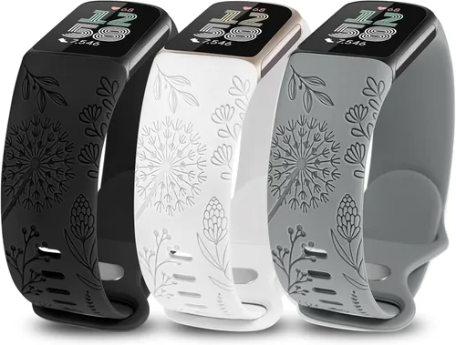 Miniatura 9 de Minyee Paquete de 3 bandas grabadas florales compatibles con Fitbit Charge 6 bandas/Fitbit Charge 5 bandas para mujer, lindo diseño de flores