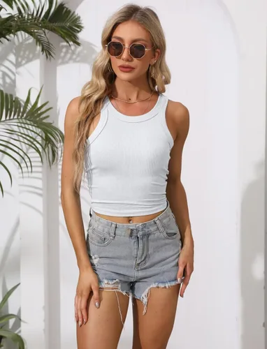 Miniatura 2 de Camiseta sin mangas con espalda cruzada para mujer, básica, cuello redondo, punto acanalado, ajustadatúnica