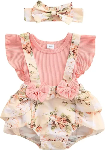Socutebabe Traje de bebé niña con estampado floral, vestido para recién nacido, con volantes, lindo traje de verano y diadema
