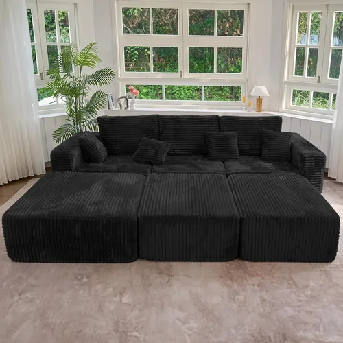 Miniatura 16 de Sofá cama seccional modular de 113", sofás de nube convertibles para sala de estar con otomana, juego de sofá cama de pana sin estructura de 6 Gris