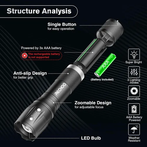 Miniatura 6 de RECHOO Paquete de 4 linternas LED, linternas pequeñas brillantes de alto lúmenes con 3 modos, mini linterna de bolsillo alimentada por batería, foco
