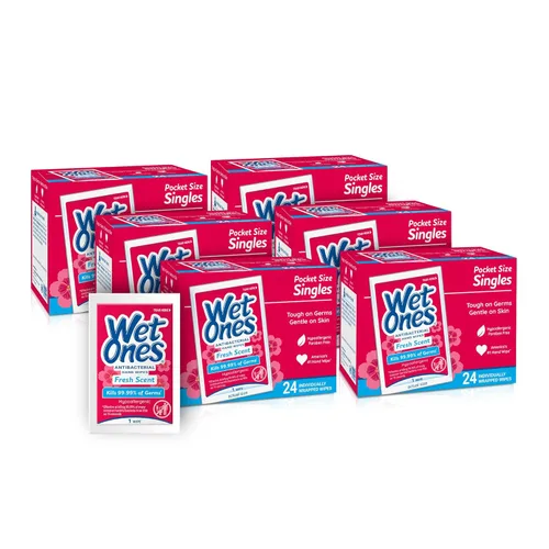 Wet Ones Toallitas antibacterianas para manos, aroma fresco | Envueltas individualmente, 24 unidades (paquete de 6)