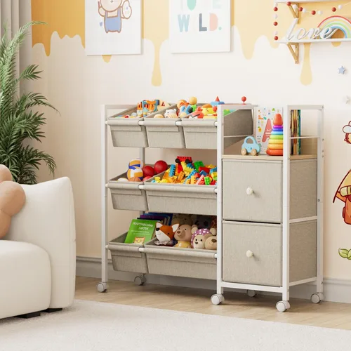 Miniatura 7 de Modanais Organizadores de juguetes y contenedores de almacenamiento para niños, 7 contenedores de almacenamiento + 2 cajones de tela + 1 estantería