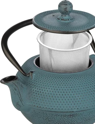 Miniatura 3 de IBILI Tetera Azul de hierro fundido de 40 onzas, fabricada en España, diseño floral, infusor de acero inoxidable, interior esmaltado, compatible