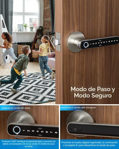 Miniatura 4 de TMEZON Cerradura inteligente para puerta, huella digital, cerradura de puerta de entrada sin llave con asa, tarjetas APP/IC/códigos/llaves/huellas