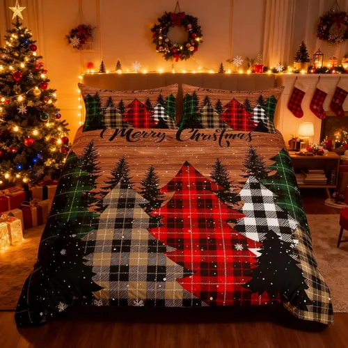 Miniatura 3 de Juego de funda de edredón para niños con diseño de Navidad, tamaño individual, camiones rojos y árboles de pino con copos de nieve, decoración