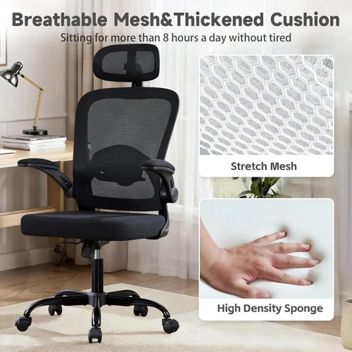 Miniatura 6 de Silla de oficina ergonómica con soporte lumbar ajustable, silla de escritorio de oficina con reposacabezas ajustable, malla transpirable, cojín