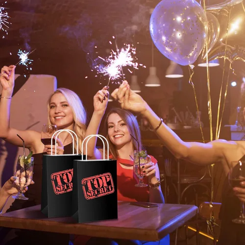 Miniatura 5 de Lincia 20 bolsas de regalo de espías Top Secret para fiesta, agente secreto misterioso, bolsas de papel kraft con asas, temática de espía