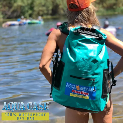 Miniatura 6 de Mochila impermeable de 28 L, bolsa seca verde azulado para teléfono celular con ventana exterior para un fácil uso durante todos los deportes