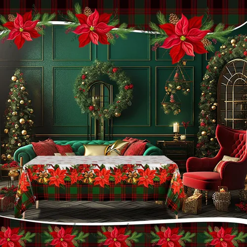Miniatura 5 de Peryiter 2 piezas de mantel de plástico de Navidad alegre, 54 x 108 pulgadas, rojo de invierno, flor, loro, desechable, para decoración de fiesta