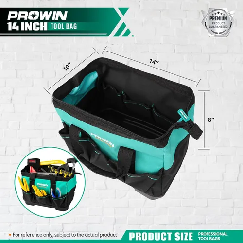 Miniatura 4 de Prowin Bolsa de herramientas de 14 pulgadas, organizador de herramientas con múltiples bolsillos con parte inferior impermeable de plástico, bolsa