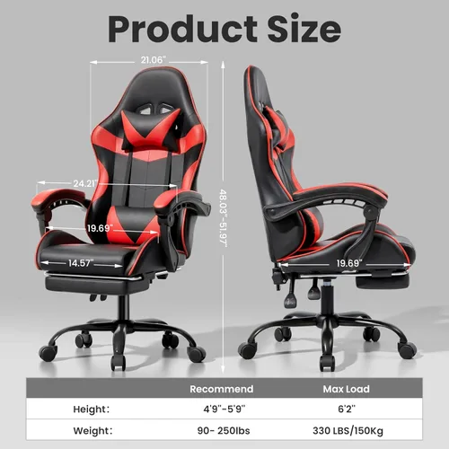 Miniatura 3 de Silla de juegos, silla ergonómica para computadora con reposapiés y soporte lumbar, silla de oficina de altura ajustable con asiento giratorio