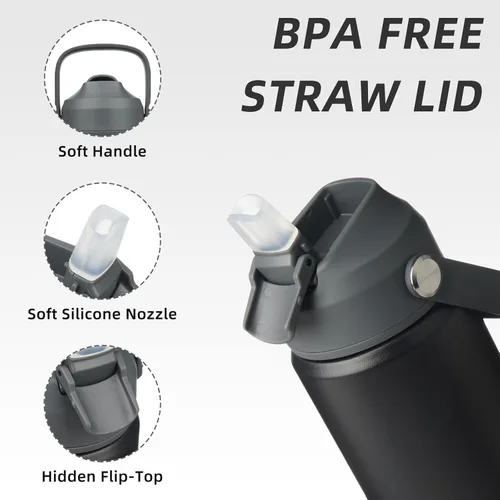 Miniatura 2 de BJPKPK - Botella de agua aislada con tapa de popote, 532 ml Botellas termo con boquilla suave, asa flexible y base antideslizante, libre de BPA, a