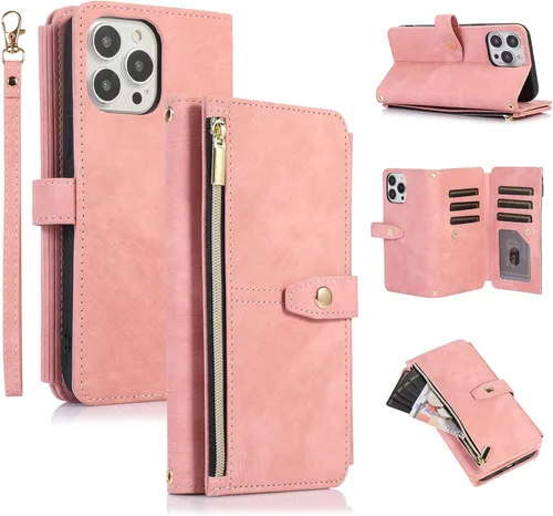 Miniatura 10 de UEEBAI Funda tipo cartera para iPhone 12 Mini de 5.4 pulgadas, retro 9 ranuras para tarjetero, bolsillo con cremallera, cierre magnético, función