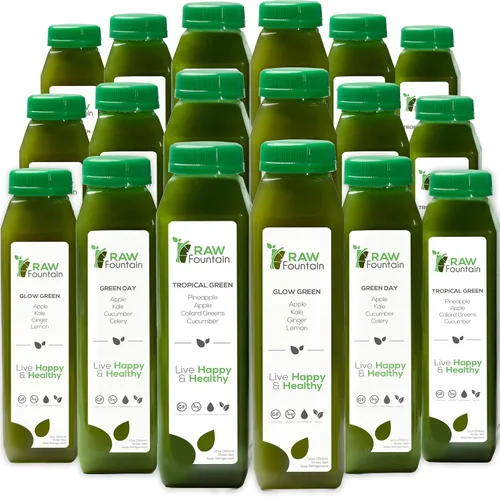 Raw Fountain Limpieza de jugo verde de 5 días, crudo, desintoxicación vegana, jugos prensados en frío, 30 botellas de 12 onzas, 5 chupitos de