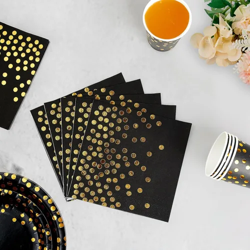 Miniatura 4 de Suministros de fiesta negros y dorados, juego de vajilla desechable de 350 piezas, platos de papel negro, servilletas, vasos, tenedores de plástico