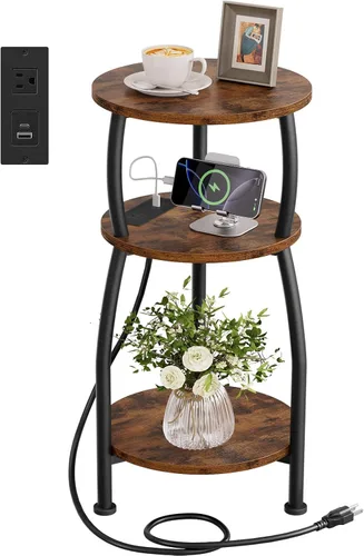 Miniatura 13 de Mesa auxiliar redonda pequeña, mesa auxiliar de 3 niveles con estante de almacenamiento, mesa de sofá delgada, mesa de café, mesita de noche Marrón