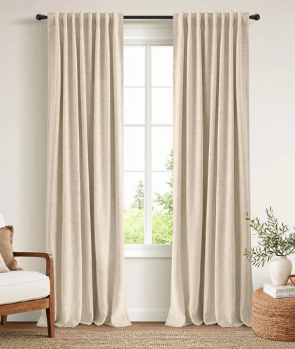 Miniatura 9 de INOVADAY Cortinas 100% opacas de 63 pulgadas de largo, juego de 2 paneles de lino con pestaña trasera, bolsillo para barra, cortinas opacas