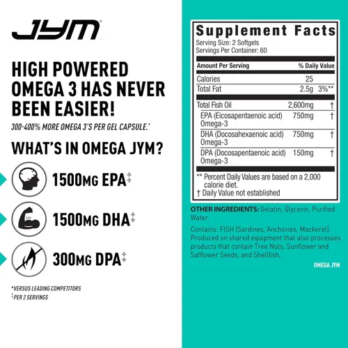 Miniatura 3 de JYM Supplement Science Aceite de Pescado Omega JYM 2800mg, Omega 3 de Alta Potencia, EPA, DHA, DPA para Soporte del Cerebro, Corazón