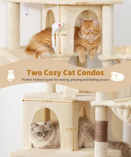 Miniatura 4 de PMT04BW - Árbol resistente para gatos de interior, torre para gatos de 74 pulgadas con poste rascador, cesta colgante, condominio para gatos