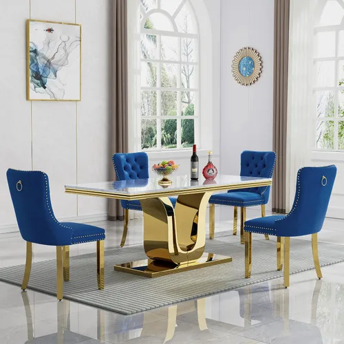 Miniatura 42 de Juego de mesa de comedor de mármol de lujo de 70 pulgadas para 4, juegos de mesa de cocina blanco y dorado para 4, mesa de comedor moderna de mármol