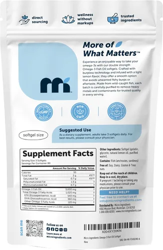 Miniatura 7 de Micro Ingredients Suplementos de aceite de pescado Omega 3 3,000 mg por porción, 240 cápsulas blandas Sabor a limón - Burpless EPA 540mg + DHA