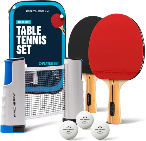PRO-SPIN Juego de ping pong portátil con red retráctil para cualquier mesa, juego de tenis de mesa todo en uno con paletas de ping pong, pelotas y