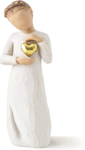Willow Tree Keepsake, Guardado para siempre en el corazón, figura sosteniendo un corazón de hoja de oro, una expresión de amor y cuidado o para