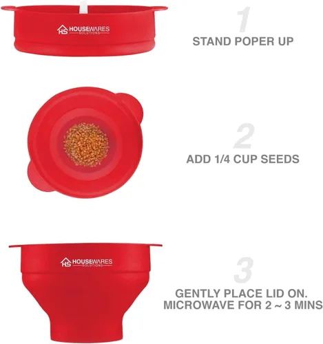 Miniatura 4 de Bol de silicona plegable, para microondas, con aire caliente para palomitas de maíz, con tapa y asas. Rojo