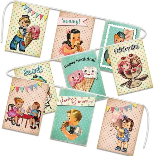 Cartel de cumpleaños de helado para niños, pancarta de helado de estilo vintage para decoraciones y suministros de fiesta de cumpleaños, cartel de