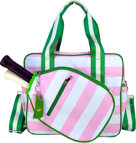 Miniatura 9 de Linda bolsa de pickleball Prepster para mujeres con gancho para cerca, bolso con bolsillos para botella de agua, palas, pelotas, accesorios