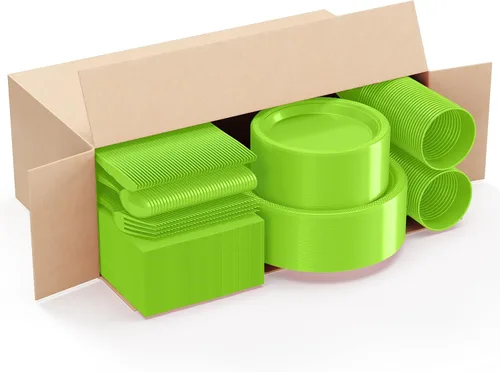 Miniatura 3 de Juego de 350 platos de plástico verde lima para fiestas, juego de platos desechables de color verde lima, 50 de cada juego de platos llanos de 9