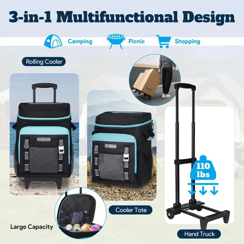 Miniatura 2 de INSMEER Cooler with Wheels and Handle, 80 Cans/50L Rolling Cooler, Portable Soft Sided Cooler with Wheel, 2-in-1 Collapsible Trolley Cart, Large
