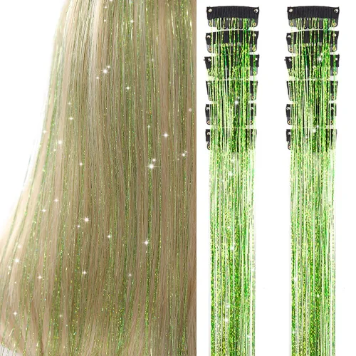 Miniatura 11 de Paquete de 12 extensiones de cabello de oropel con clip, paquete de 12 unidades, 20 pulgadas, extensiones de cabello de oropel con purpurina, negro#