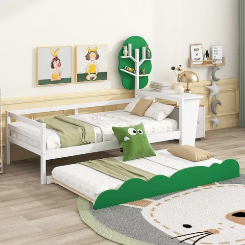 Miniatura 11 de Anwick Base de cama individual con escritorio y nido, sofá cama de madera con escritorio y estantes en forma de árbol verde, cama de plataforma