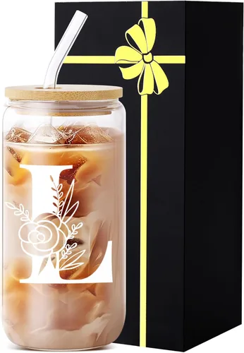 Miniatura 23 de Vaso de vidrio con monograma con tapa, pajita, idea de regalo de moda para amantes del café para mujeres y adolescentes, regalo personalizado