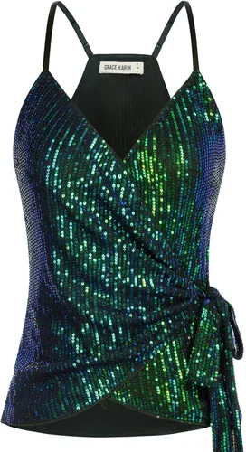 GRACE KARIN Camiseta de lentejuelas para mujer, camiseta sin mangas brillante con cuello en V, sexy, con lazo en la cintura, para fiesta, club,
