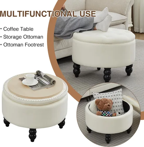Miniatura 6 de Otomana redonda de tela de 24 pulgadas con almacenamiento, moderna mesa de centro otomana tapizada con botones capitoné con tapa de bandeja