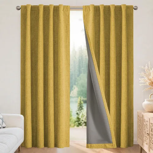 Miniatura 10 de Joydeco - Cortinas 100% opacas, 2 paneles de lino natural para oscurecer habitación, aislamiento térmico, trabillas traseras y bolsillo para barra