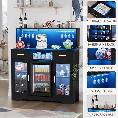 Miniatura 6 de Mini gabinete de nevera con almacenamiento, gabinetes de bar de vinos para el hogar con luz LED y toma de corriente, gabinete de barra de café